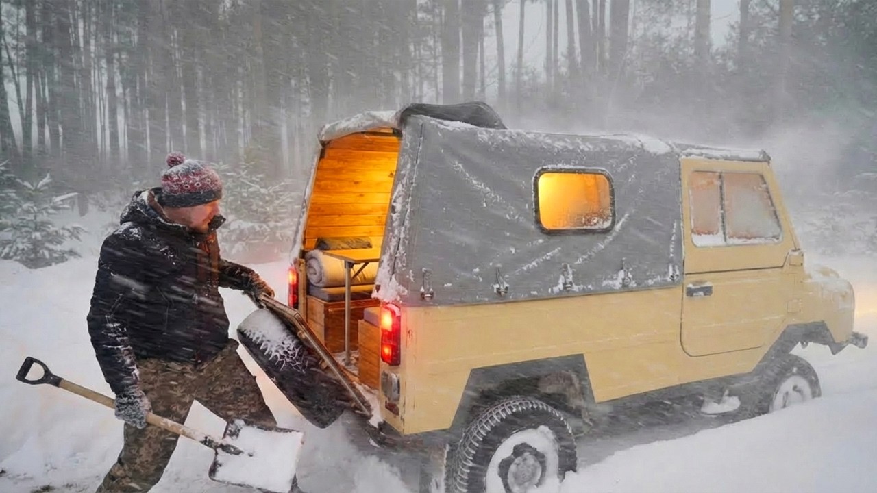 Truck Camping in a Snowy Forest | Sleeping in an Old Truck | Camping Sounds | ASMR