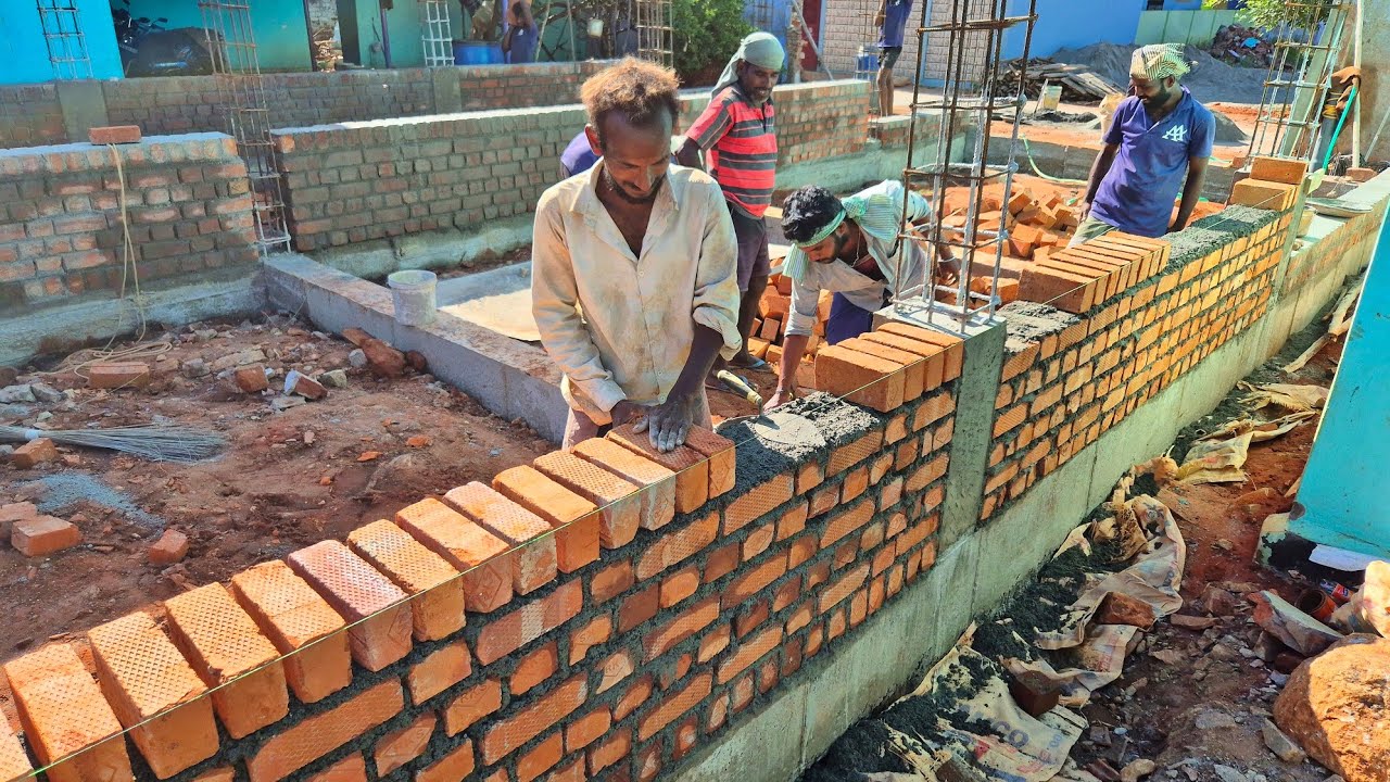 Basement Level Brickwork_Techniques of 2BHK House Basement Bricklaying with Bricks and Cement