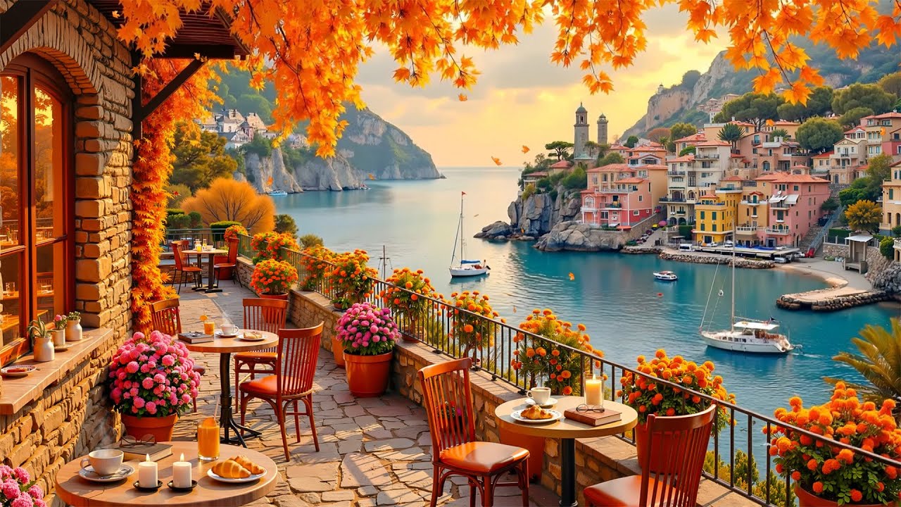 [Autumn Café Jazz] 🍁 Relaxing Smooth Jazz by the Sea | Mediterranean ...