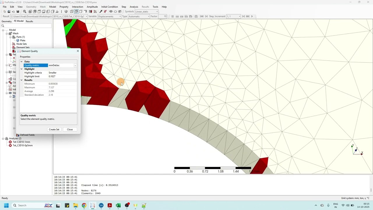 PrePoMax and Calculix Workshop: Second order tet v/s first-order hex elements (C3D10 v/s C3D8)