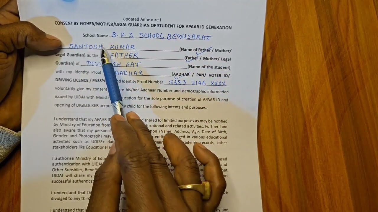 consent by father/mother/legal guardian of student for appar id generation | appar id form