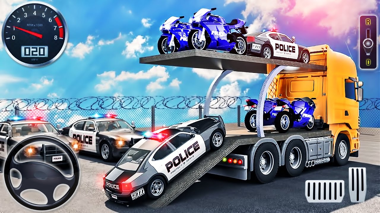 US Police Car Transport Truck: Police Vehicle Transporter Games