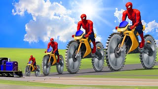 Big \& Small Spiderman on a motorcycle with Saw Wheels vs Thomas the Tank Engine Train | BeamNG.Drive