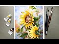 Watercolor Painting - Sunflowers-Wet on Wet Technique using together Masking Fluid and Nail.