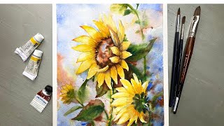 Watercolor Painting - Sunflowers-Wet on Wet Technique using together Masking Fluid and Nail.