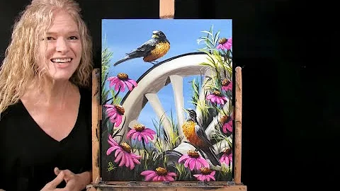Learn How to Draw and Paint "BIRDS and WAGON WHEEL" with Acrylics- Fun Easy Art Tutorial-TIME LAPSE