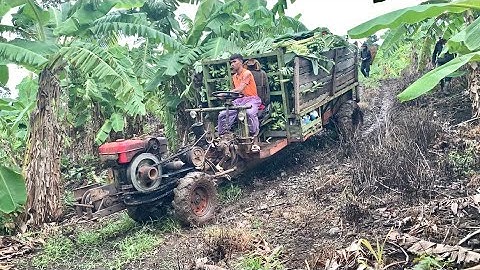 Xe công nông 2 cầu chở chuối xuống dốc trời mưa