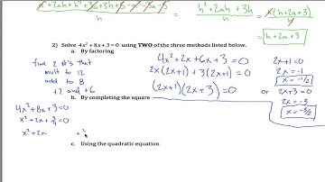 Difference quotient and quadratic equation quiz