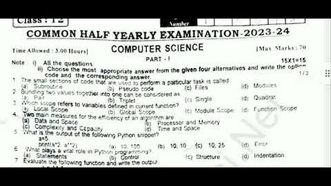 12th Computer Science Half yearly exam 2024 original question paper
