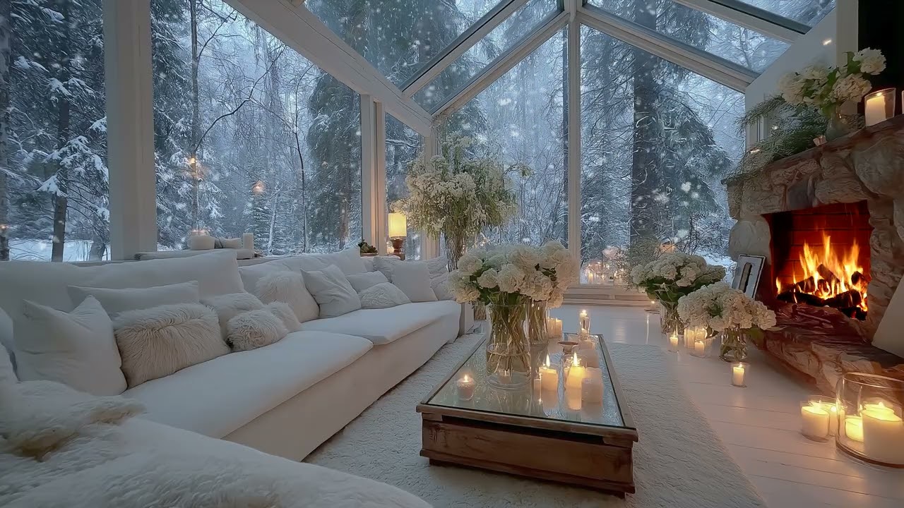 😴🎶 Relaxing Winter Lounge Piano Music | Fireplace Comfort & Snowy Night for Sleep Aid and Focus