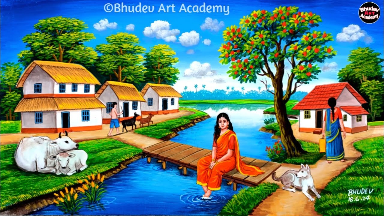 Beautiful Village Landscape Scenery Painting| Indian Village Scenery ...
