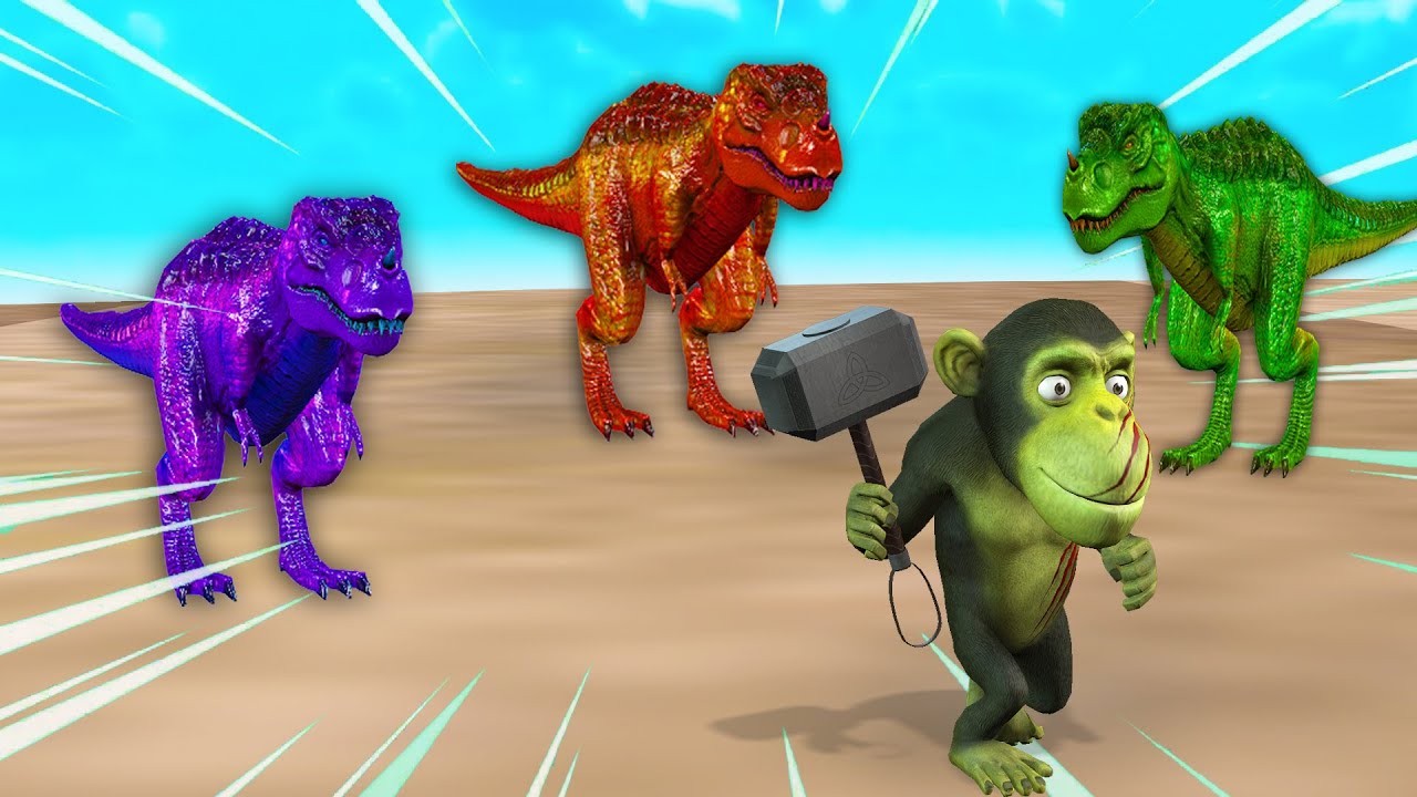 3 Titan T-Rex Run away From Funny Monkey Temple Run | Zombie Monkey vs T-Rex Dinosaur Animal Fight