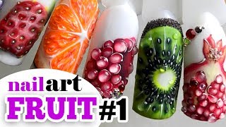 Fruit nails art  Manicure : Kiwi, orange, lemon, cherry, apple, currant