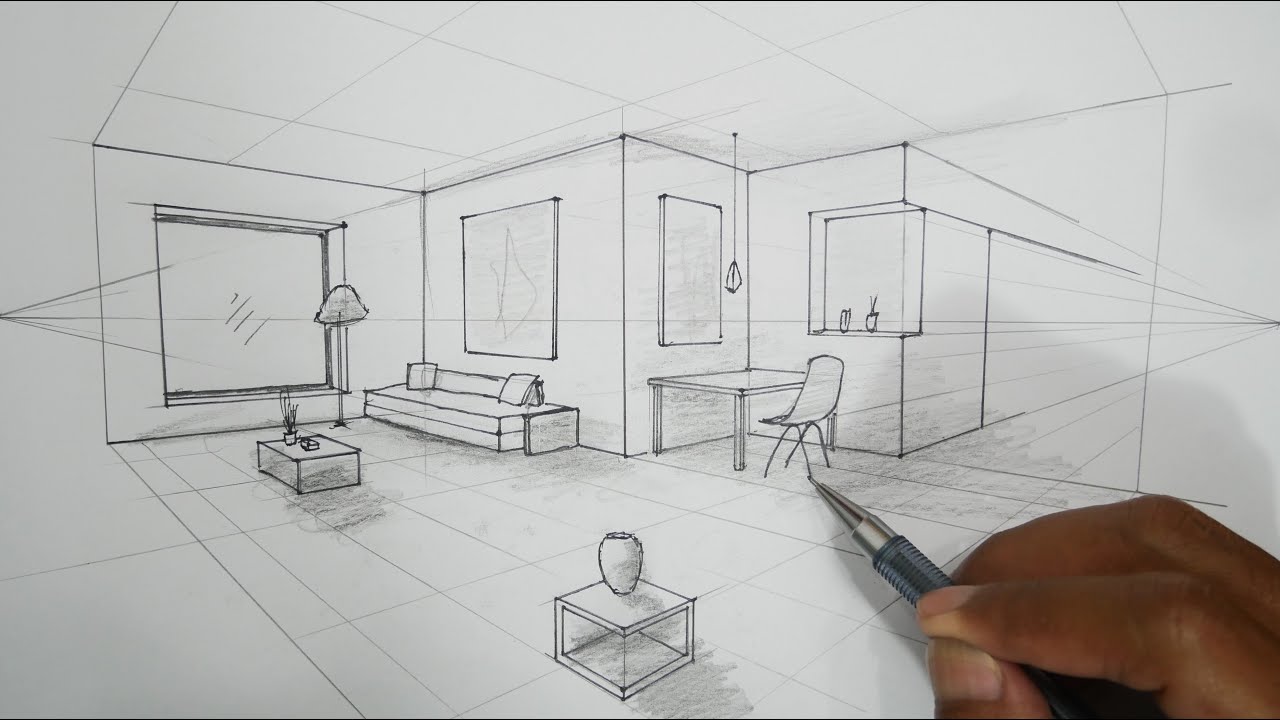 architecture how to draw a living room in 2 point perspective - YouTube