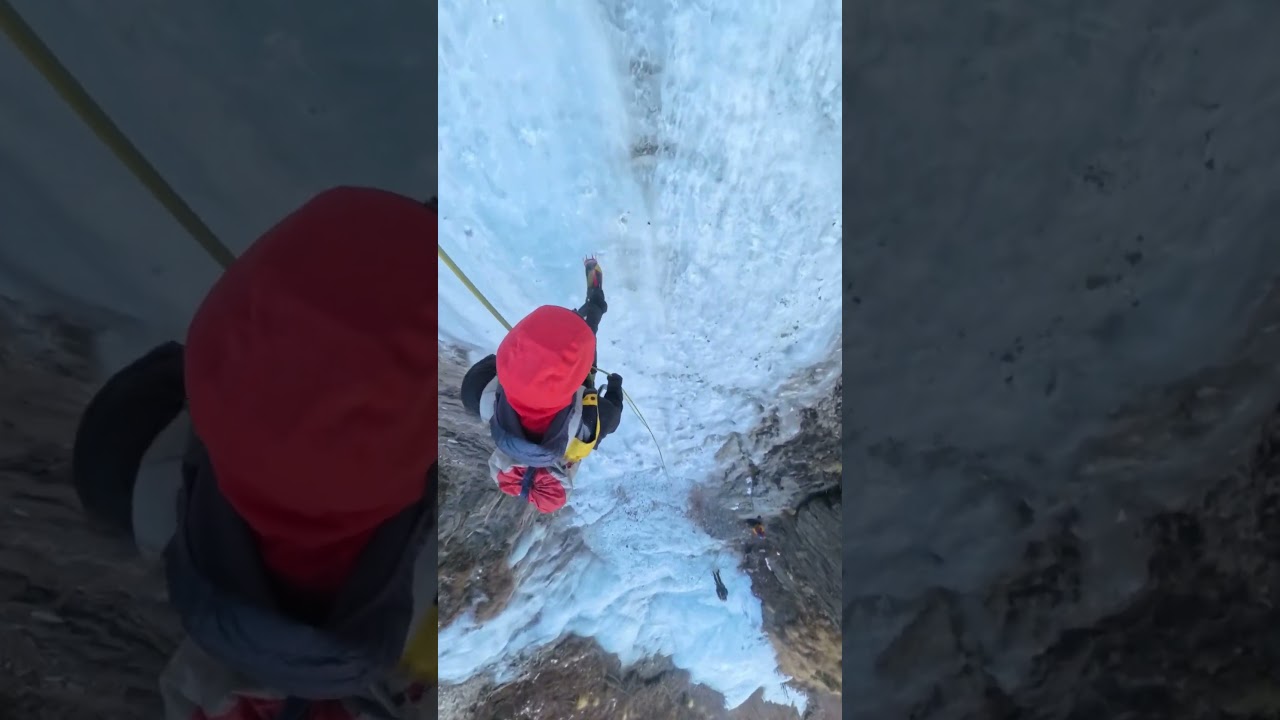 Abseiling / Rappelling. Ice climbing in Humde, Manang.
