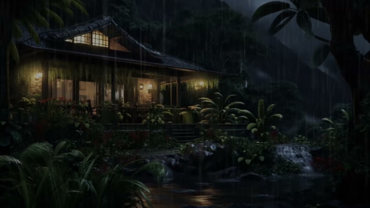 🌲 Tropical Jungle Rain at Night – Cozy House Ambience (10 Hours)
