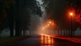 Road in the foggy park at night with lanterns on the ground, An empty illuminated country asphalt