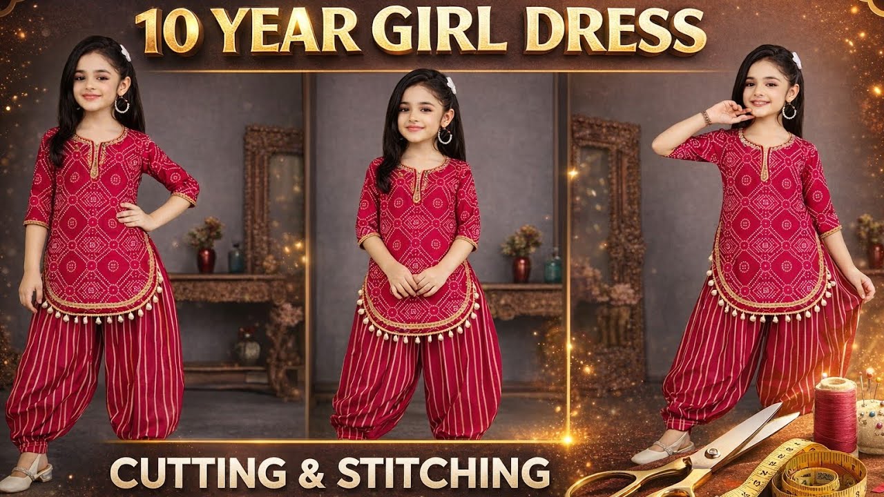 Крой и пошив курти и сальвара для 10-летней девочки | Простой способ | Урок по пошиву детского ко...