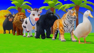 Игра с длинной горкой: тигры, лев, корова и горилла, забавная 3D-игра с животными