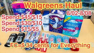 Walgreens Haul || P&G Week || 8/02-8/08 || Spend $45/$15|| $35/$10 || $15/$5 || FC= $0.34 for all.