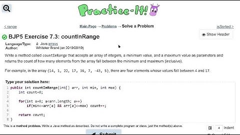 Java Practice It   |   Exercise 7.3: countInRange  |   arrays, array basics