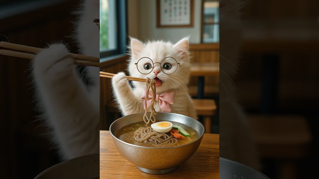 Hana Tries Cold Noodles for the First Time 🐱🍜  고양이 하나, 생애 첫 냉면 도전기! 
