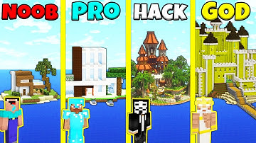 Minecraft Battle: NOOB vs PRO vs HACKER vs GOD: ISLAND BASE HOUSE BUILD CHALLENGE / Animation