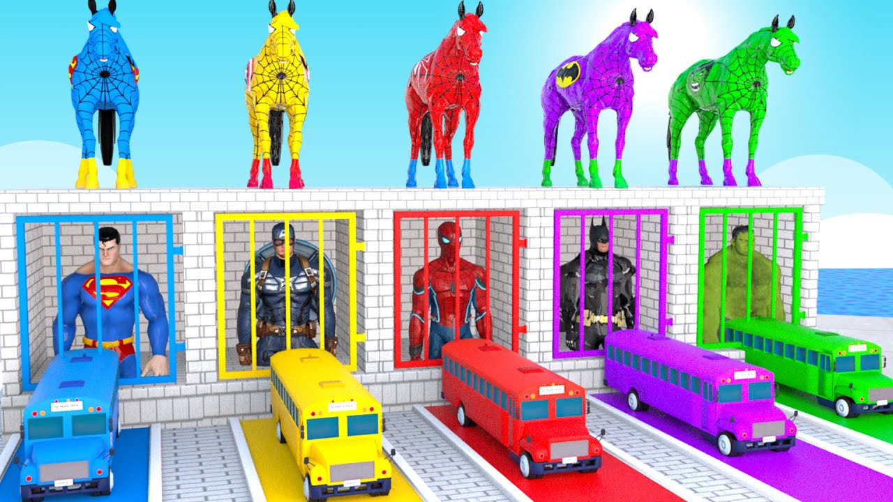 Red Horse Spiderman Crossing On Rainbow Spiders Bridge With Horse Vs Spider Shark Rescue Animal Game