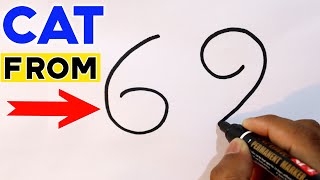 How to Draw a Cute Cat With Number 69 | How to Draw a Cat Sitting Down Easy Step By Step