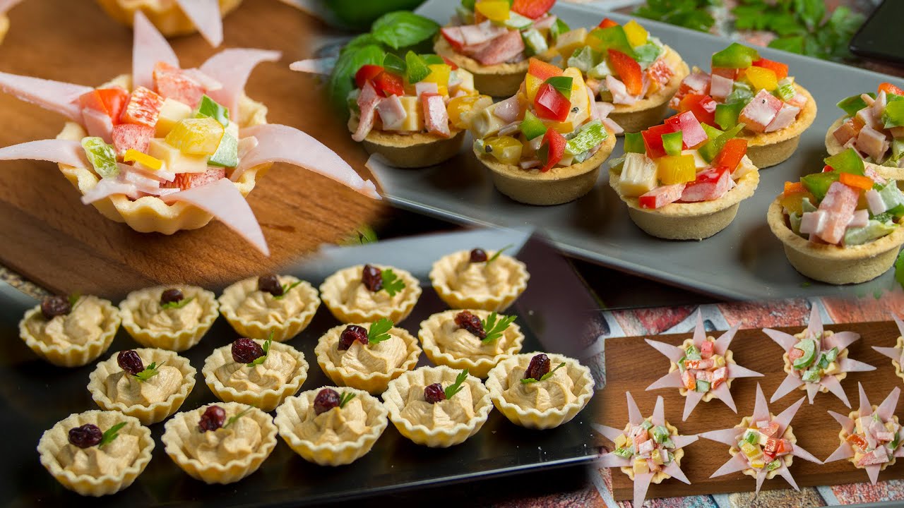 Тарталетка с салатом, тунцом, ветчиной и сыром - мини-закуска