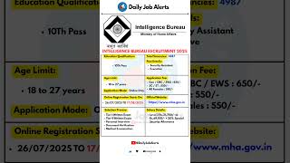 Intelligence Bureau Recruitment 2025 | New Vacancy 2025 | Daily Job Alerts #shorts