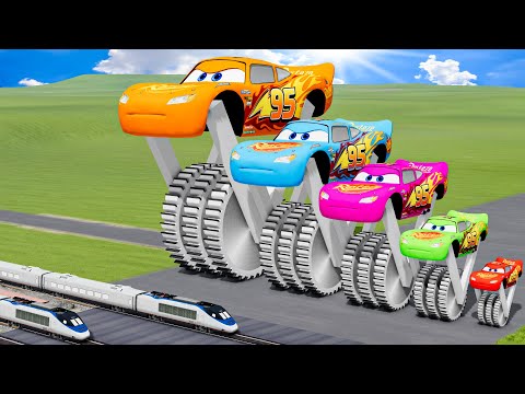 Big & Small Color Long Lightning Mcqueen Double Monster Saw Wheels vs Trains Thomas | BeamNG.drive