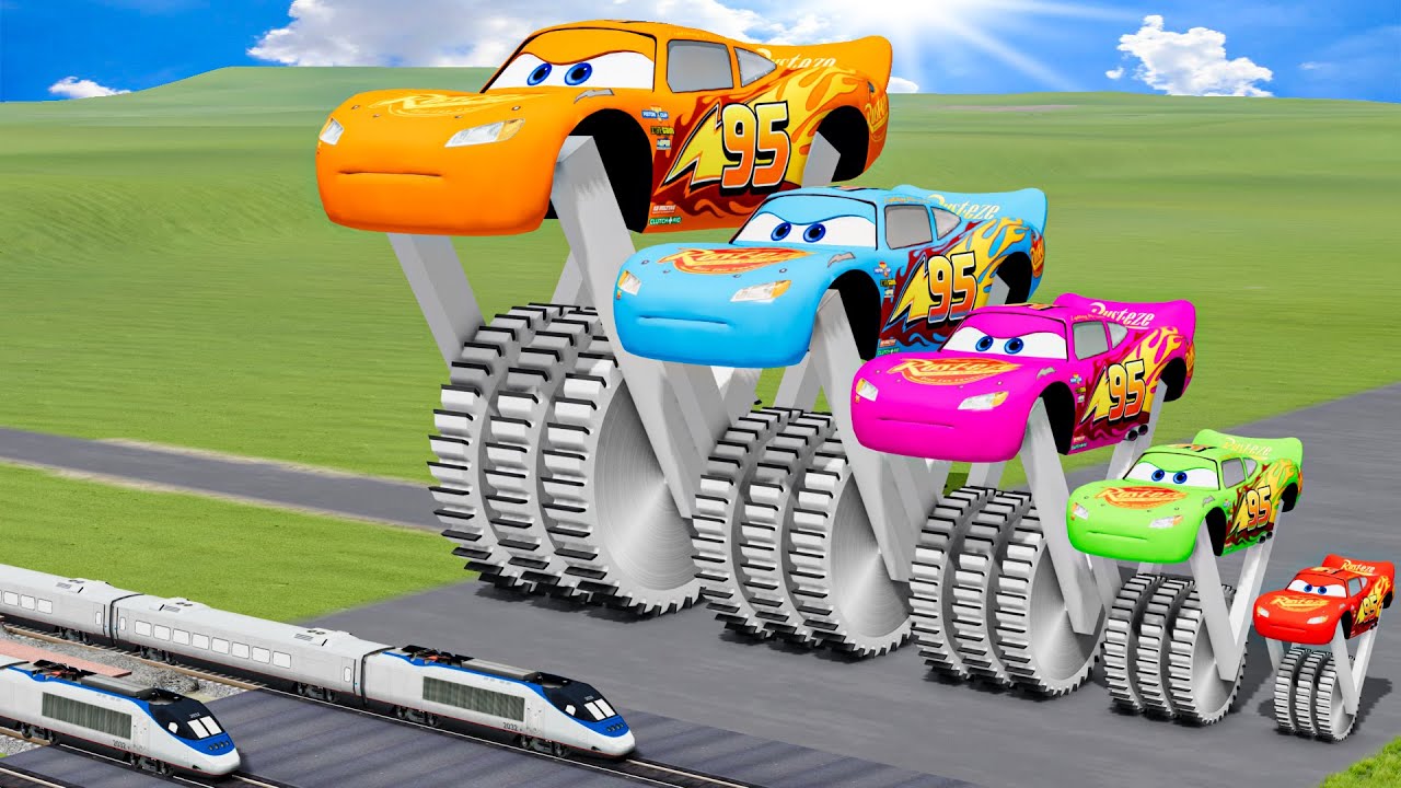 Big & Small Color Long Lightning Mcqueen Double Monster Saw Wheels vs Trains Thomas | BeamNG.drive