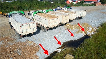 WOW !! Incredible many Dump Trucks wheel 10 unloading stone delete huge pond  push by SHANTUI Dozer 