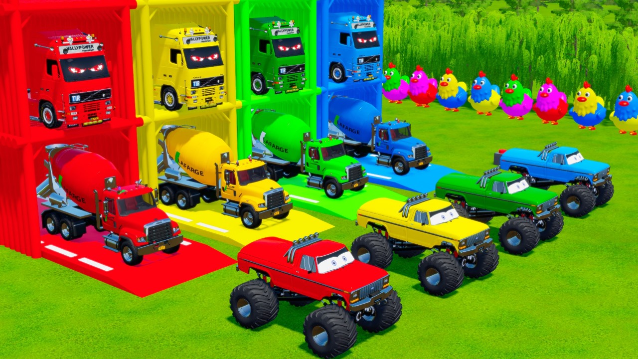 Garage with Colors - ALL MIXER TRUCK WITH DOUBLE FLATBED TRAILER TRUCK, MERCEDES, SCANIA, MAN, MACK