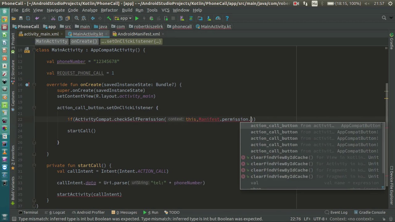 Android Kotlin Usage Tutorial #064 - Phone Call With Action_Call