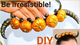 DIY Headband for Halloween with pumpkins and polymer clay horns