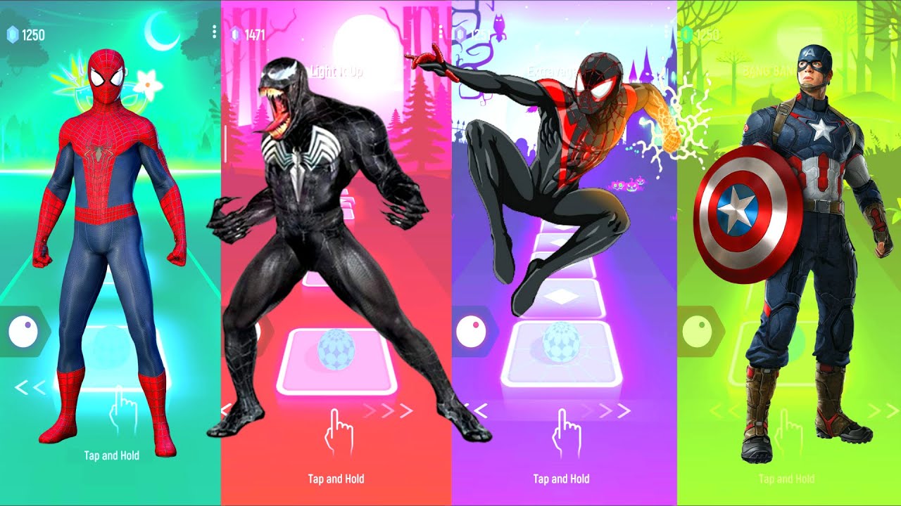 Spiderman 🆚 Venom 🆚 Miles Morales 🆚 Captain America | Marvel Heroes | Tiles Hop Fun Ball