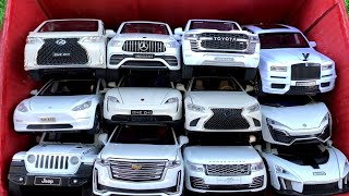 Box Full of Model Cars Rolls-Royce Cullinan, Lykan Hypersport, Porsche Taycan, McLaren Senna, Jeep