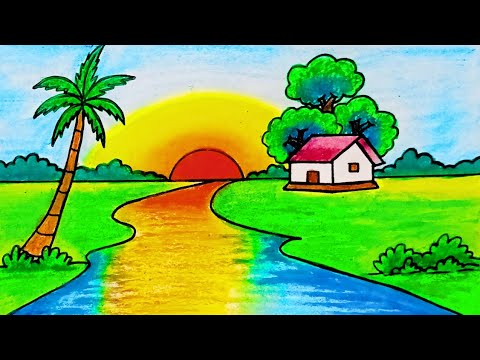 How to Draw Easy Scenery | Drawing Waterfall at Sunset Scenery Step by Step  with Oil Pastels - YouT… | Easy scenery drawing, Easy drawings, Scenery  drawing for kids