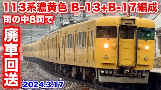 【JR西日本 113系濃黄色 B-13+B-17編成 幡生入場回送(廃車回送) 回8345M 2024.3.17】