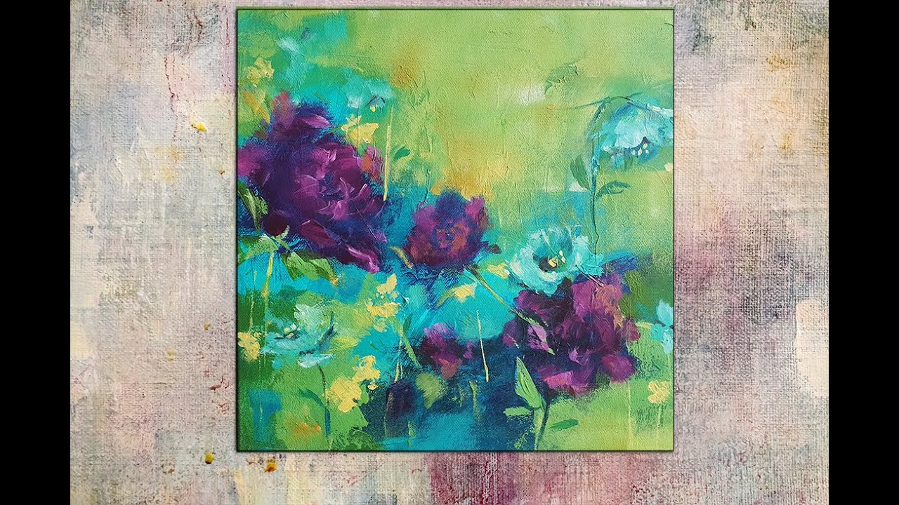 Abstrakte Malerei - Step by Step Floral with a turquoise and apple green background/MariArtHome