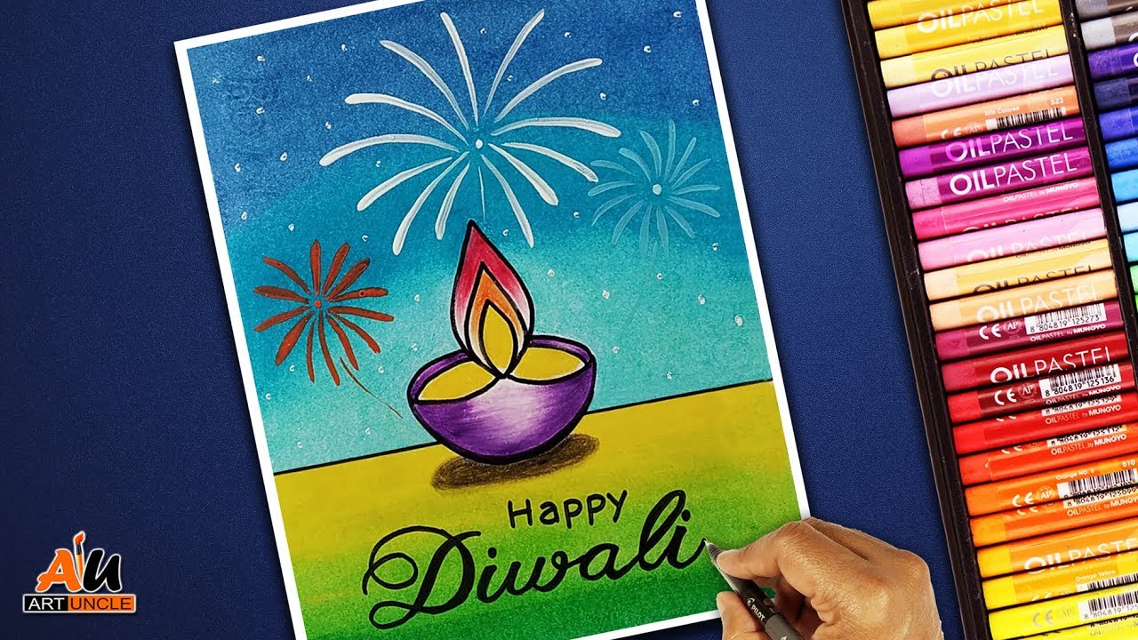 Diwali Card Drawing Easy With Oil Pastels For Beginners Step By Step