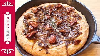 Caramelized onions and dried tomatoes cast iron skillet pan pizza