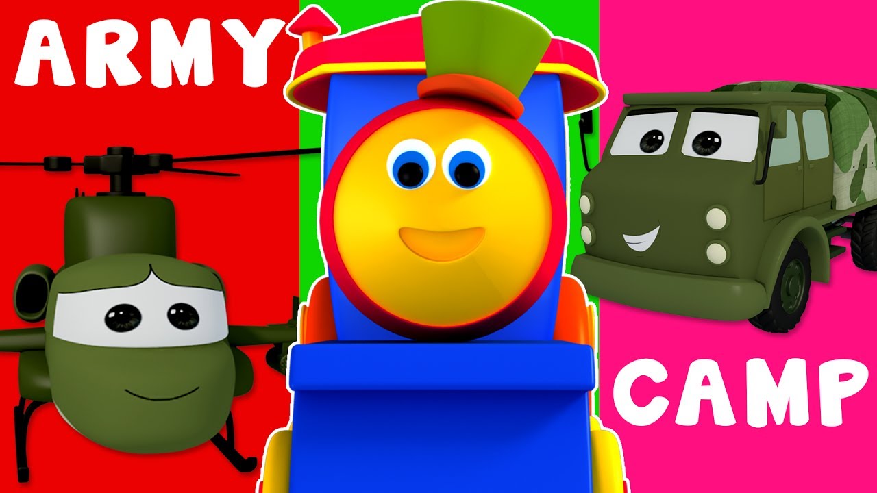 ボブ電車| 軍隊キャンプを訪問| 軍用車両を学ぶ| 軍事兵器 | Bob The Train | Visit To Army Camp | Army Vehicles & Weapons