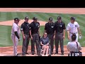 Sarah langs honored before the game by the yankees