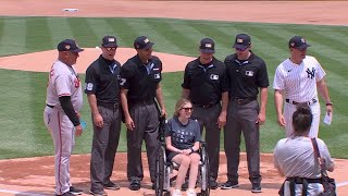 Sarah Langs honored before the game by the Yankees