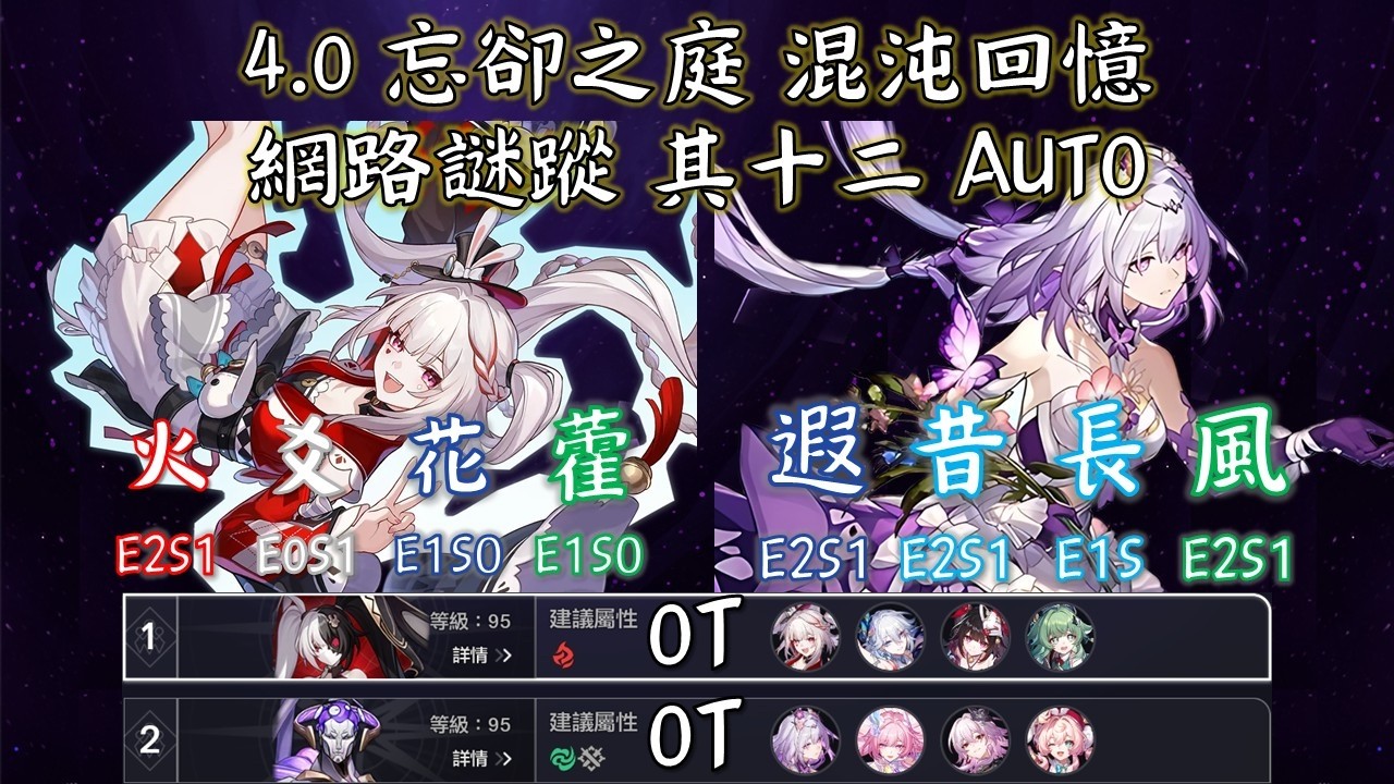 [崩壞：星穹鐵道][Honkai: Star Rail] 4.0 忘卻之庭 混沌回憶 網路謎蹤 其四 AUTO 0T [火花 爻光 花火 藿藿][遐蝶 昔漣 長夜月 風堇]