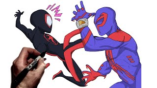 How To Draw Miles Morales vs Spider Man 2099 | Step By Step | Across The Spiderverse