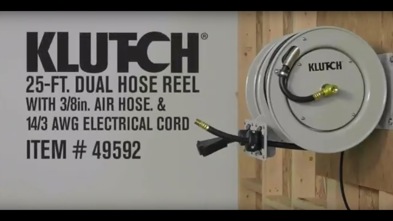 Klutch Auto Rewind Air Hose Reel - with 3/8in. x 50ft. Rubber Hose